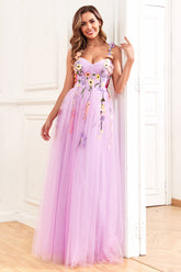 A-Linie lila Spaghettiträger Ballkleid mit 3D-Blumen
